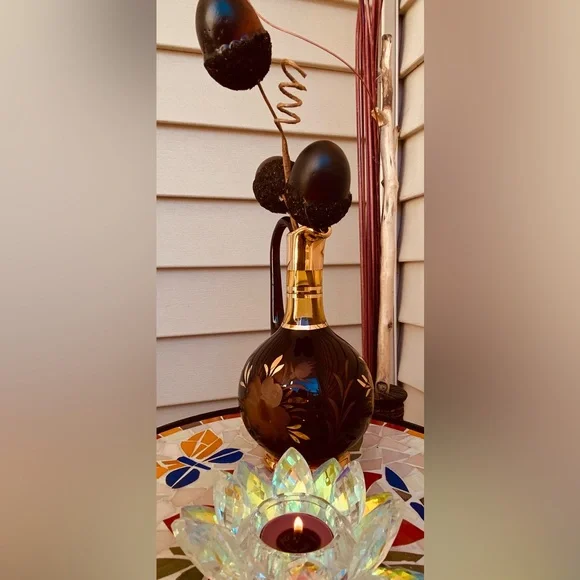 Old Etched & Gilded Mini Red Amber Glass Decanter/ Handle Beautiful Starburst🪻&✨ - Picture 6 of 16